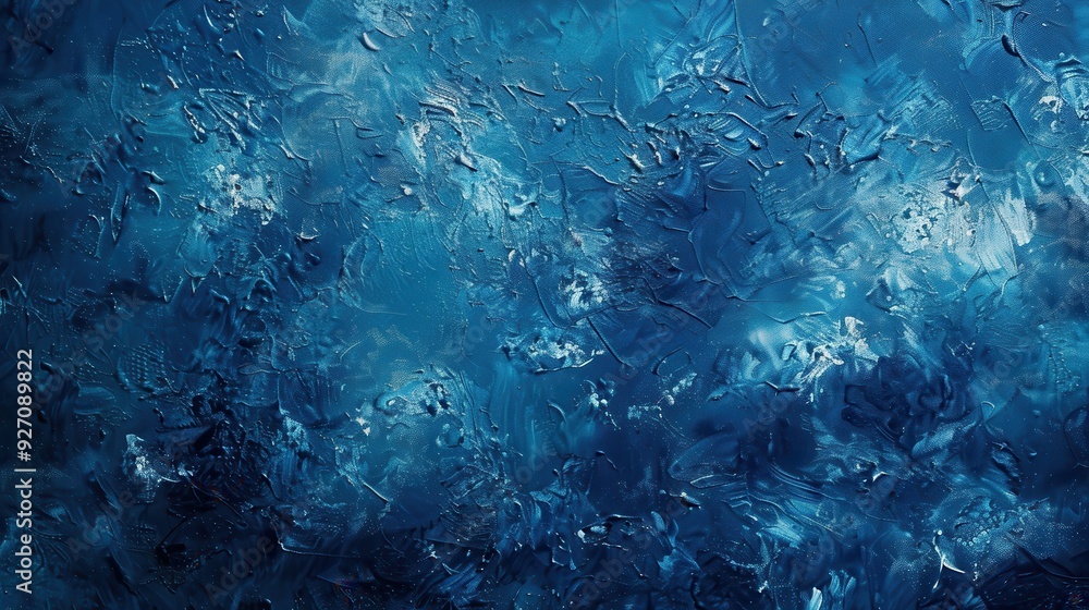 Poster the image shows a close-up of a textured abstract painting in shades of blue and white. the thick pa