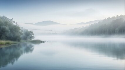 Fototapeta premium Gentle fog rolling over a calm lake, soft grays and blues, serene atmosphere