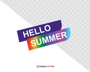 Hello summer button, sun and sale. Vector minimalistic illustration of sun rays, swimming pool with sun lounger and umbrella and tropical palm leaf, orange and sea beach with sand for background