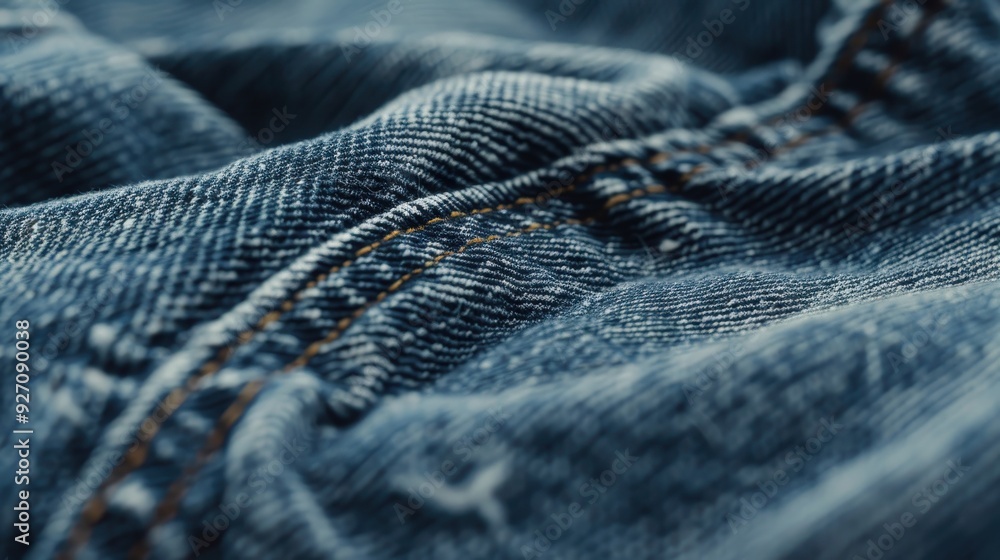 Poster A close-up image of denim fabric, showcasing the intricate weave and double stitching. The fabric is slightly wrinkled, creating a textured effect. The stitching is prominent, highlighting the craftsm