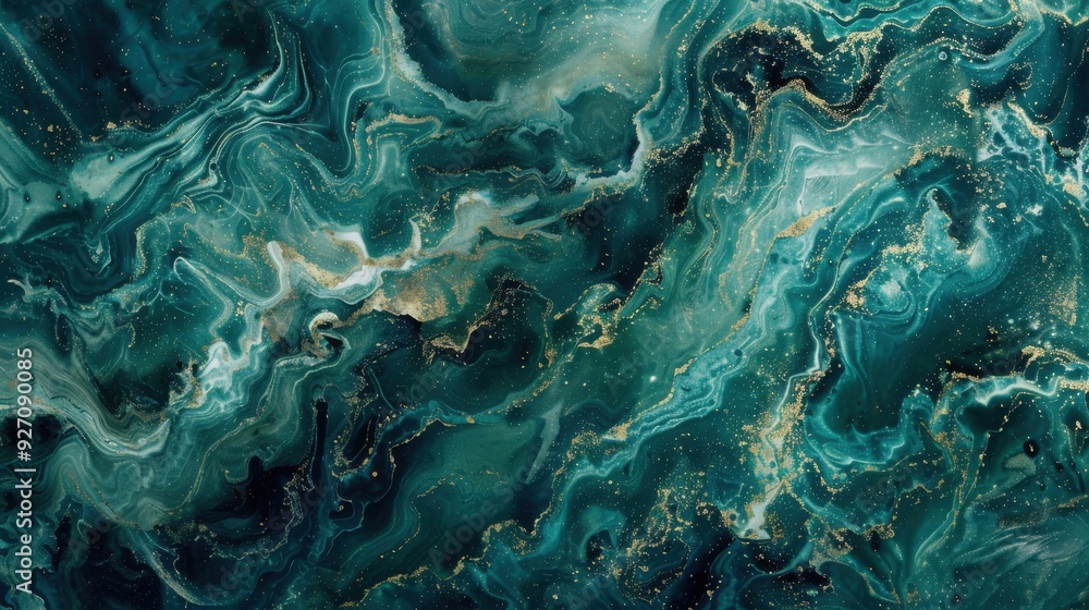 Poster a close-up photograph of a smooth, swirling green and gold marble texture. the image features intric