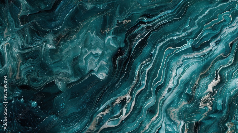 Poster A close-up image of teal and white marble swirls creating an abstract background pattern.