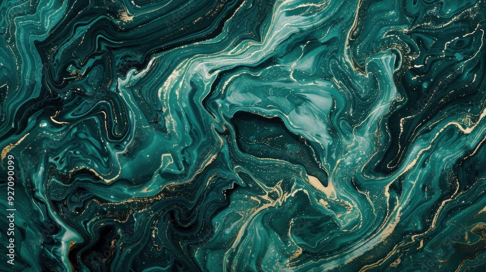 Poster A close-up image of swirling, abstract marble with a green and gold color scheme. The texture is smooth and glossy, with a subtle shimmer in the gold accents.