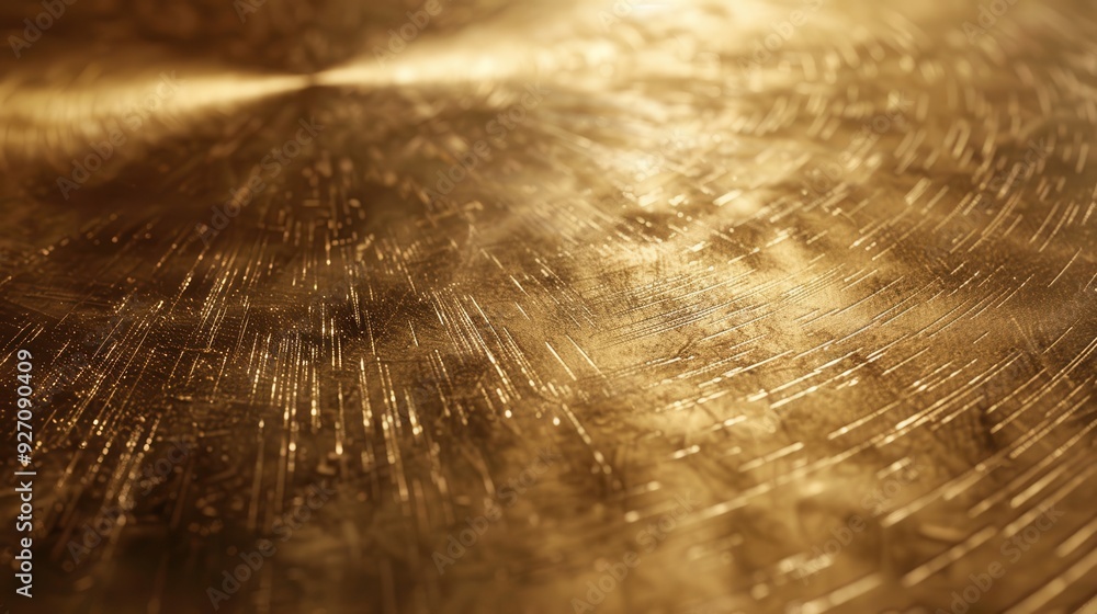 Poster The image shows a close-up view of a brass gong, the surface of which is textured with thin, parallel grooves. The light is hitting the gong from the top and right, creating a reflective effect that h