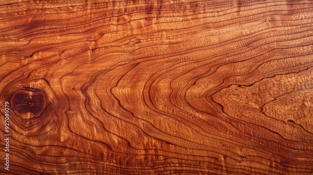 Poster The image shows the intricate grain pattern of a piece of red brown wood. The wood has a knot in the center and a swirling pattern of darker and lighter colors.