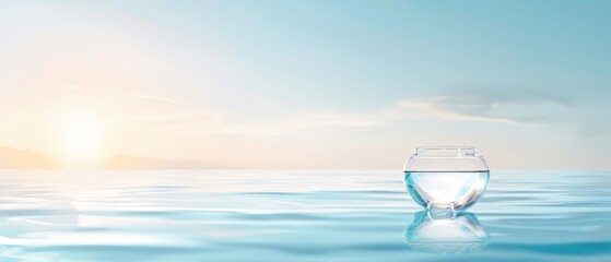  A glass of water floating in the center of a tranquil body of water, sun casting light behind it