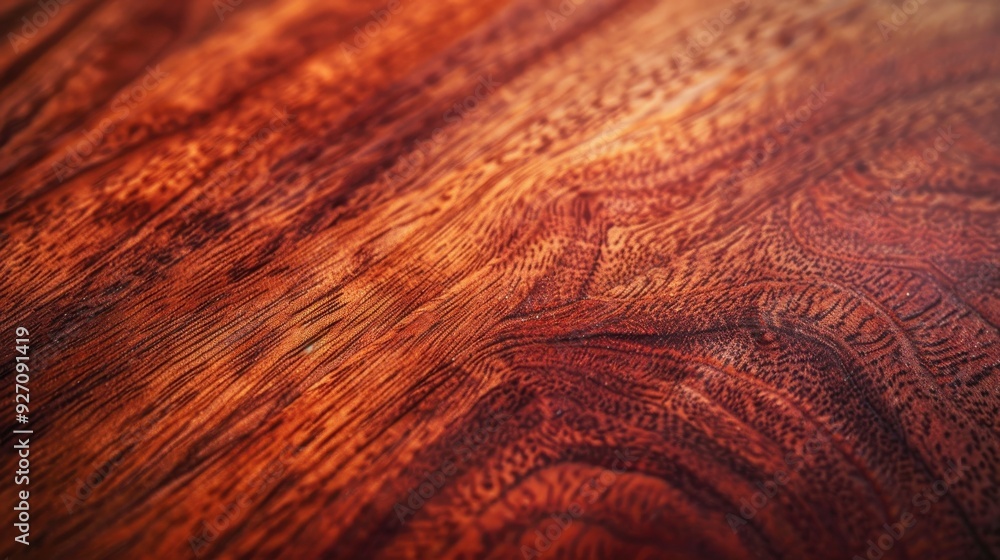 Poster A close-up photograph showcasing the intricate grain pattern of a reddish-brown piece of wood. The natural texture and variations in color create a visually appealing and organic aesthetic.