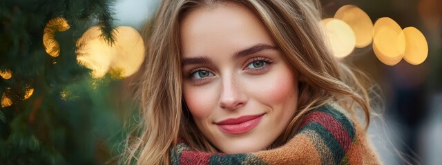 Fototapeta premium A woman, wearing a scarf around her neck, gazes directly into the camera with a warm smile