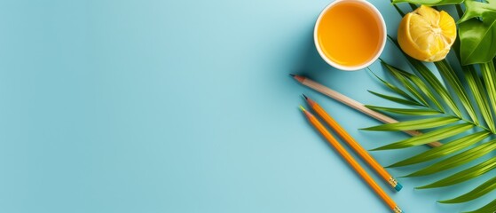  A cup of orange juice, two pencils, and a palm leaf on a light blue background