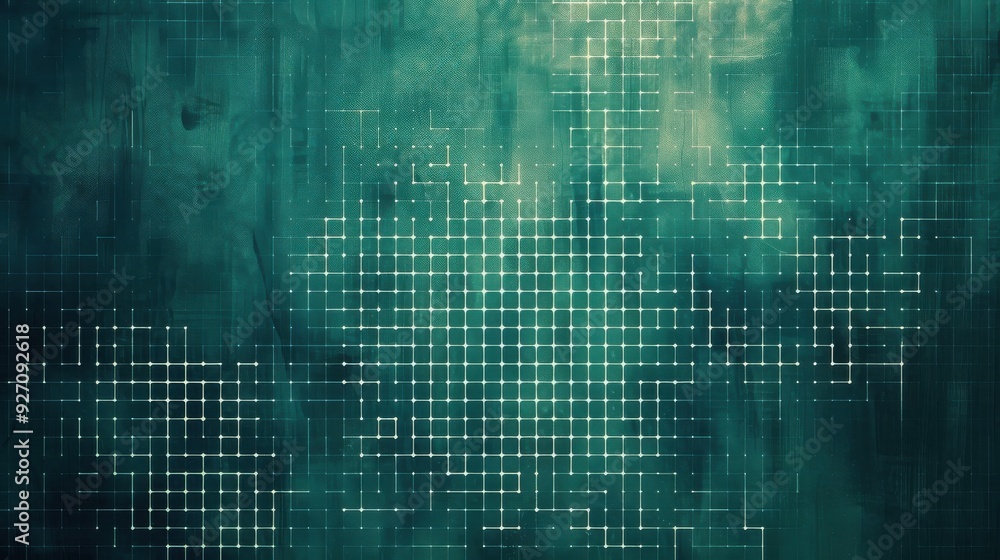 Poster a digital abstract pattern of a white grid with white dots on a dark teal green background.