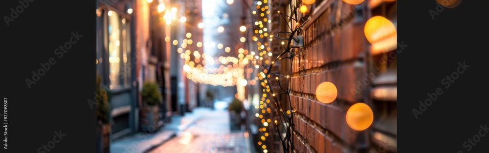 Aufkleber A brick wall with string lights draped across it is shown in the foreground, with a blurred alleyway in the background. The lights are turned on and illuminate the wall with a warm, inviting glow.