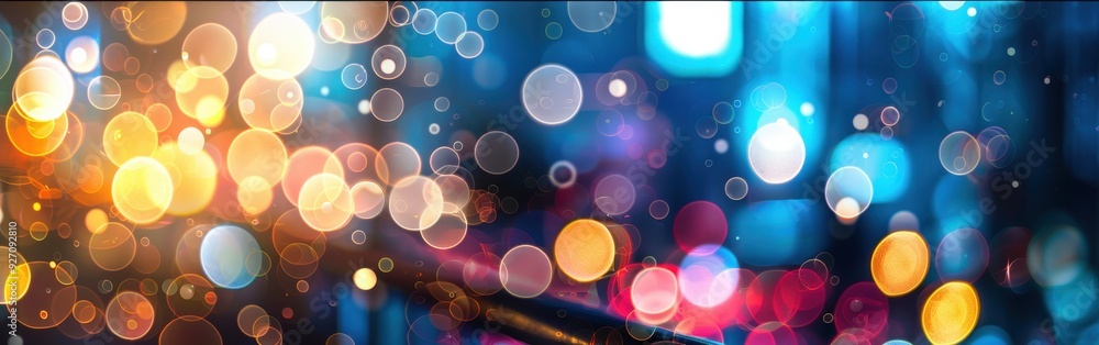 Poster a close-up shot of colorful out-of-focus lights in a city at night, creating an abstract background 
