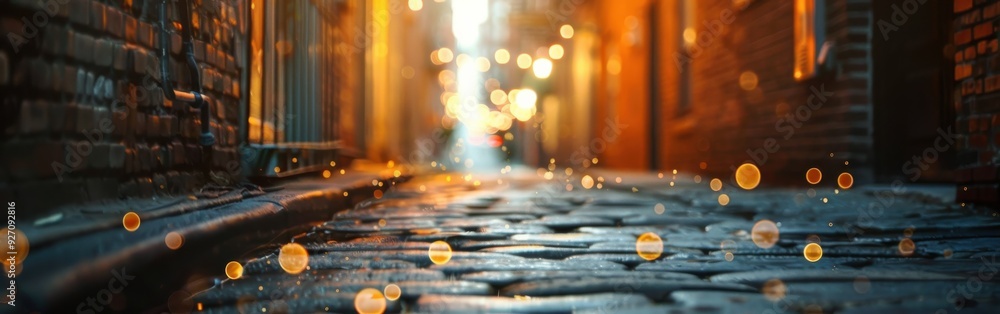 Poster a low-angle view of a cobblestone alleyway at dusk. warm streetlights illuminate the street, casting