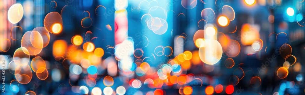 Poster A blurred view of city lights at night creates a colorful abstract background of glowing orbs in shades of blue, orange, and yellow.