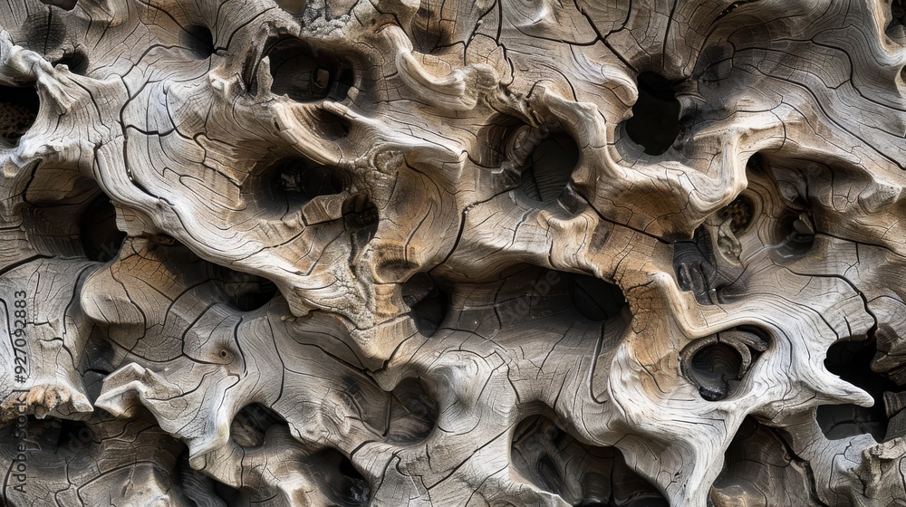Poster A weathered tree trunk with intricate, knobby patterns. The grain of the wood is visible throughout, creating a unique and abstract texture. The surface is a mixture of light and dark brown colors, wi