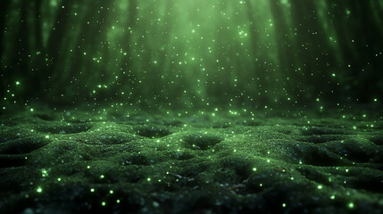 A mystical forest floor where the roots of ancient trees form intricate, natural patterns, with patches of soft, emerald-green moss and glowing fungi.