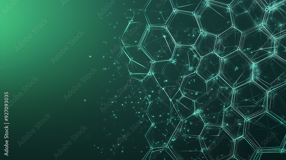Poster an abstract, high-tech background with a matrix of nature integrated into a grid of hexagons and tri