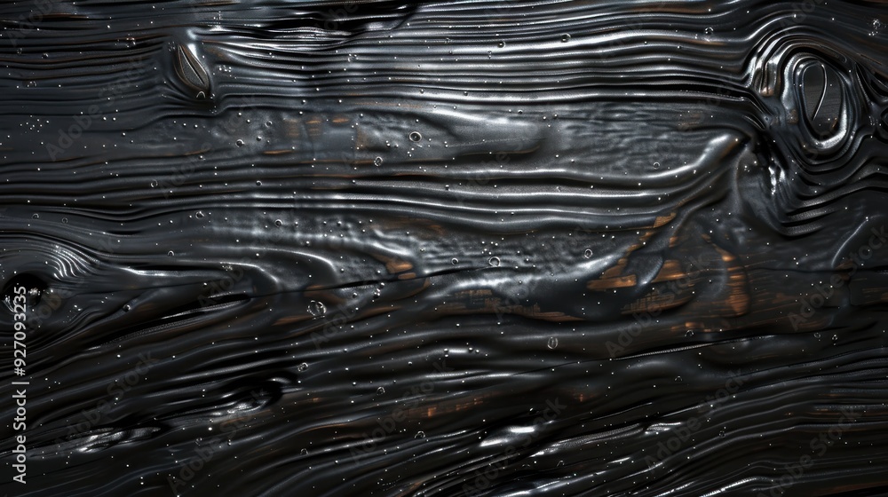 Leinwandbilder A close-up image of an abstract texture created by a black liquid covering a wood surface. The liquid creates a bubbling and wavy pattern on the wood grain, creating a unique and interesting visual. T