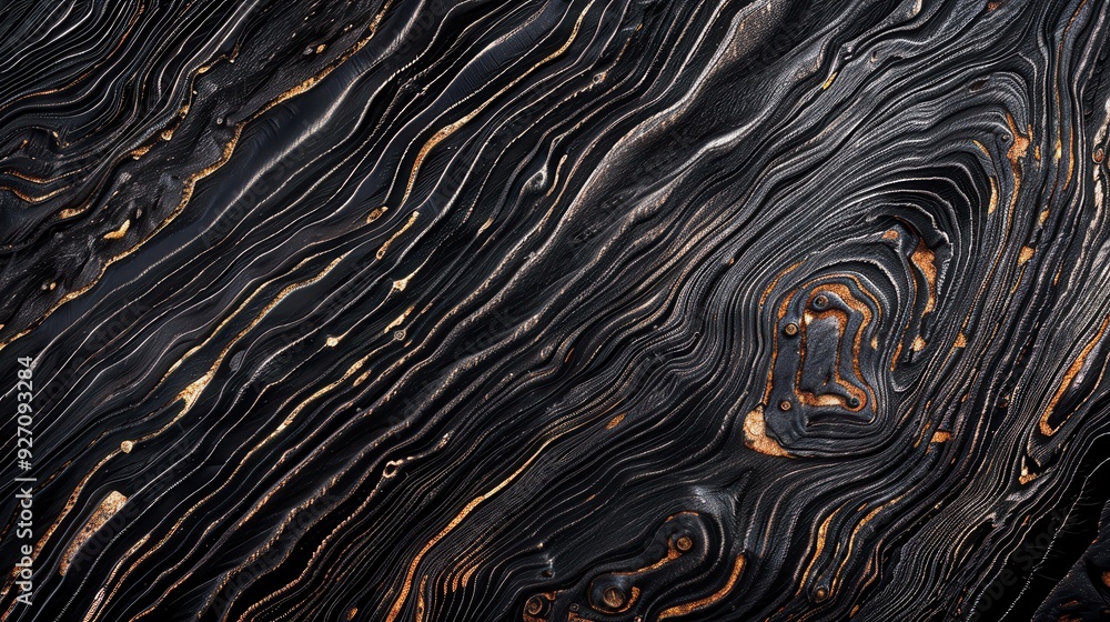 Poster A close-up image of a black agate stone with wavy, golden lines and intricate patterns. The texture is smooth and polished, showcasing the unique beauty of the stone.