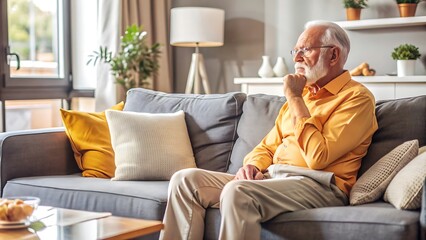 Obraz premium Senior man in yellow shirt sitting on a couch and thinking.