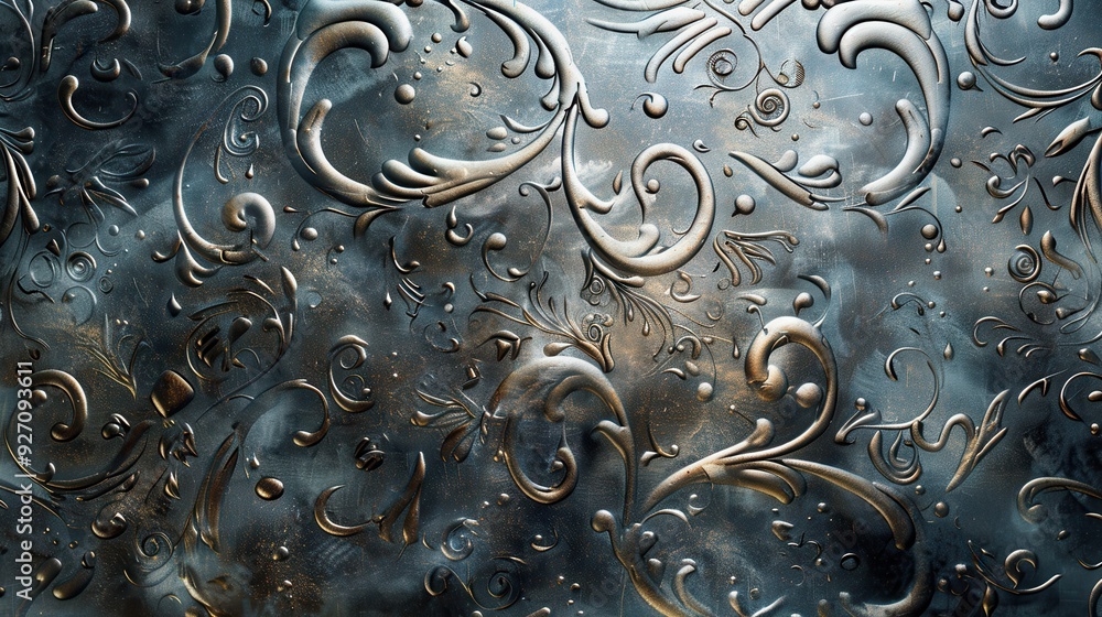 Poster a close-up shot of a textured metal surface with an embossed floral pattern. the surface appears to 
