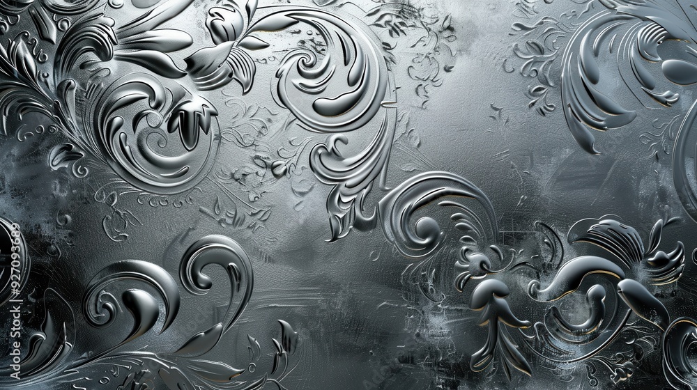 Fototapete The image shows a close-up of a silver, textured surface with embossed floral designs. The intricate patterns are highlighted by the light, creating a dramatic and ornate effect.