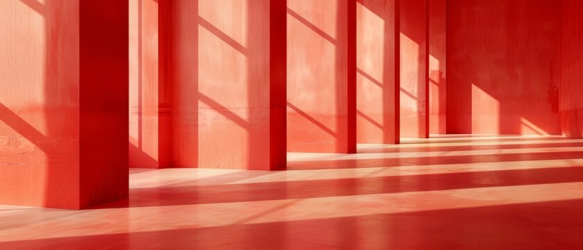 A room features a red column alignment, lit by sunlight filtering through adjacent window openings