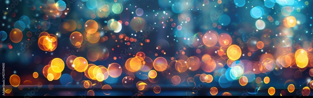 Poster a background image with blurry, out-of-focus lights in various shades of blue, yellow, and orange. t