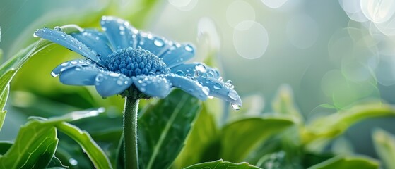  A tight shot of a blue bloom dotted with water droplets, a green foliage plant in the foreground