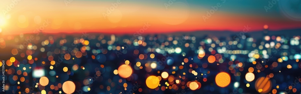 Poster a blurry, artistic image of a cityscape at sunset. the sun is setting in the distance, creating a wa