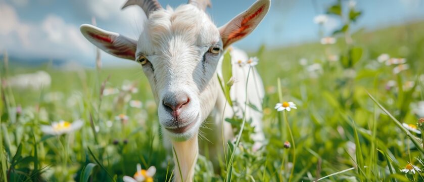  A tight shot of a goat grazing in a lush grassfield dotted with blooming wildflowers Behind, a clear blue sky is speckled with soft, fluffy