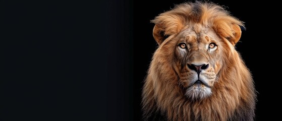  A tight shot of a lion's face against a black backdrop Black background surrounds the image