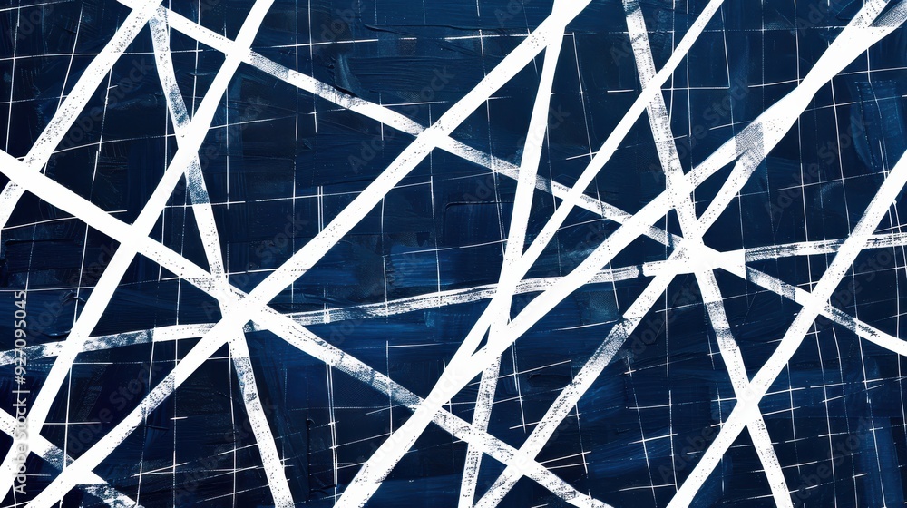 Poster a close-up of an abstract painting, featuring thick, white lines painted over a dark blue background