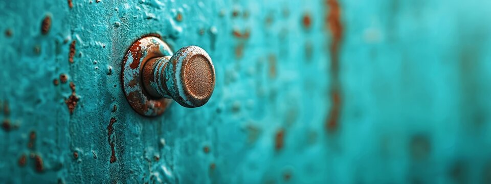  A tight shot of a blue door, showcasing rusted knobs and a weathered handle