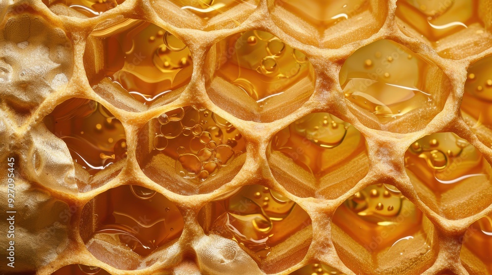 Poster a close-up shot of a honeycomb, revealing the intricate hexagonal cells filled with thick, golden ho