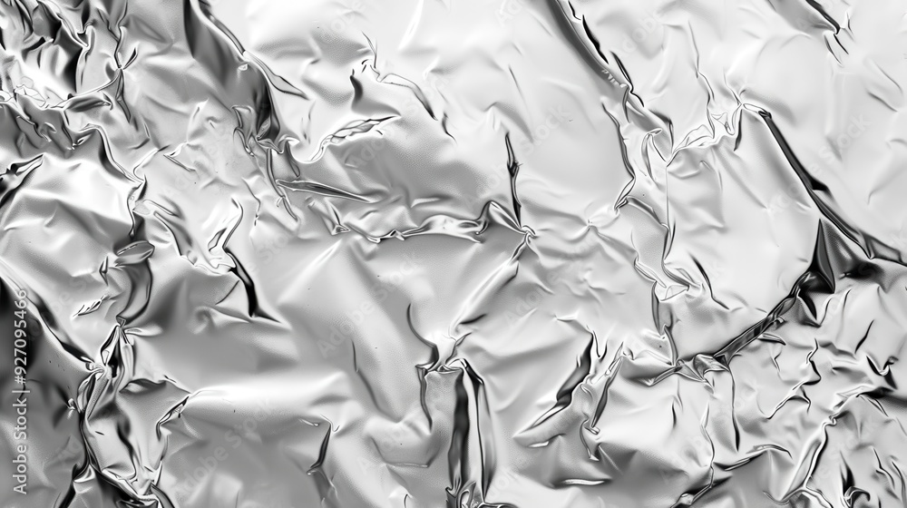 Poster a close-up image of crumpled aluminum foil, showing the intricate folds and wrinkles of the shiny me