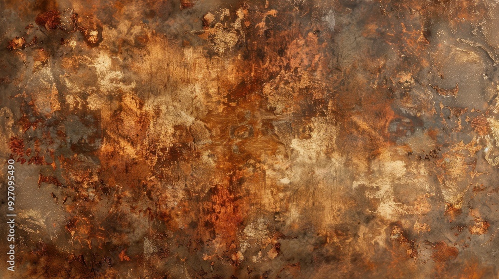Poster The image features a close-up view of a textured metallic surface. The surface has a layered and uneven appearance, with a predominance of brown and gold hues. The texture is abstract and resembles a 