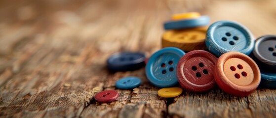 A stack of multicolored buttons sits atop a wooden table Nearby, a pair of scissors rests on a separate piece of wood