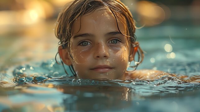 American kid learning to swim in a pool