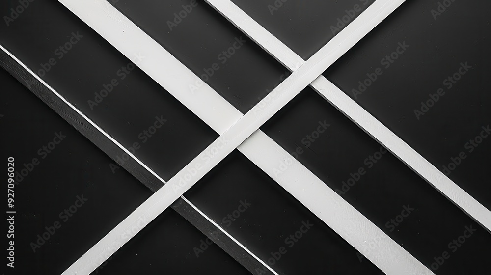 Poster A close-up shot of a black surface with white lines crossing over each other in a geometric pattern, creating a simple yet visually appealing abstract design.