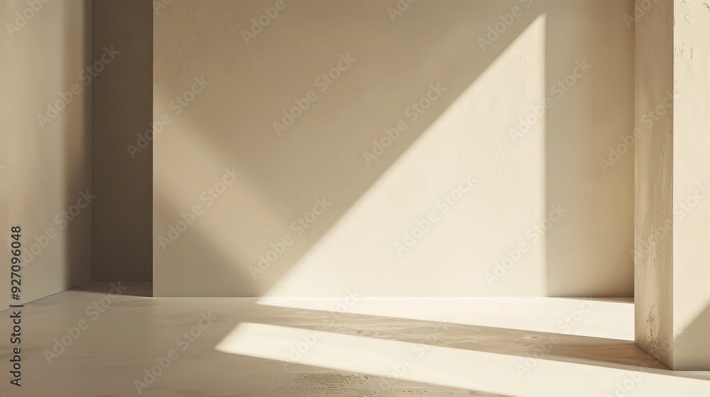 Poster a room with white walls and sunlight streaming through the corner, creating a pattern of light and s