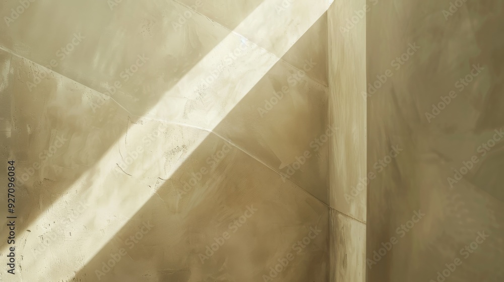 Fototapete A close-up view of a white beam extending diagonally across a light brown wall, creating a sharp contrast in color and texture. The wall appears to be textured, while the beam is smooth, highlighting 
