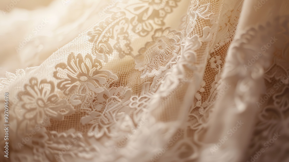 Poster a close-up photograph of white lace fabric with a delicate floral pattern. the fabric is draped and 