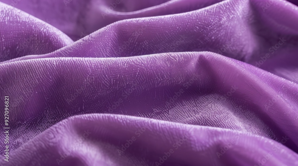 Poster A close-up shot of a smooth, purple fabric with a subtle pattern, showcasing its soft texture and delicate sheen. The fabric is folded and draped, highlighting its drape and flow. The image captures t