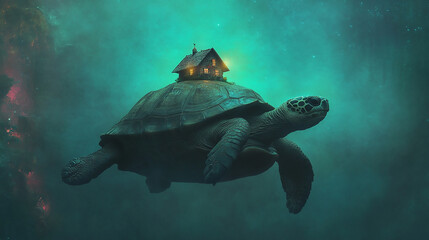 Obraz premium A small house perched on top of a giant turtle.