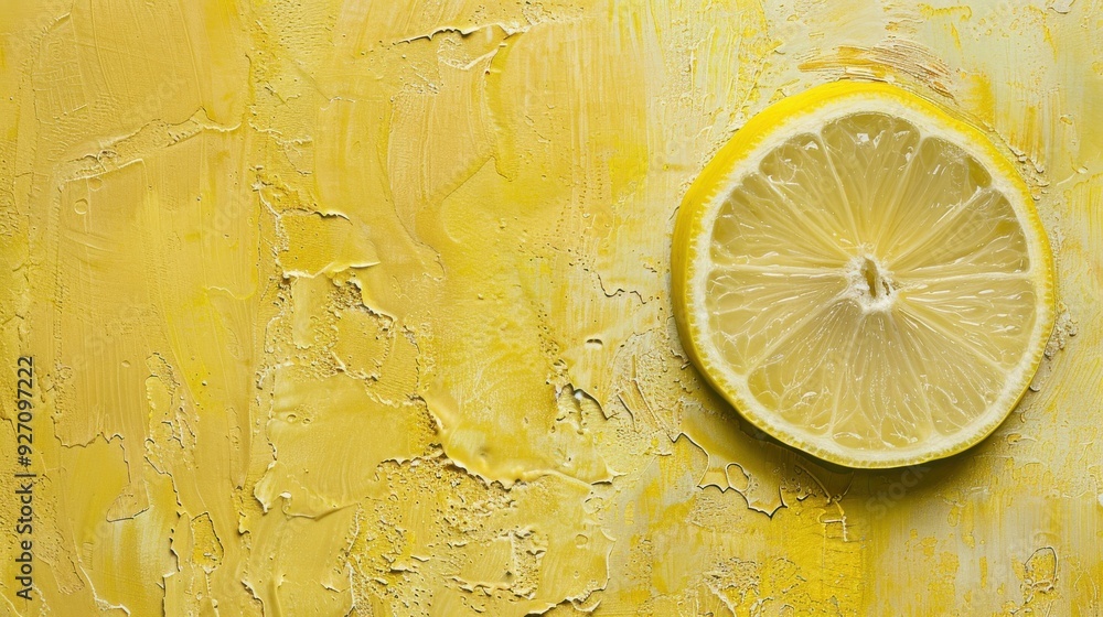 Poster a single, perfectly sliced lemon sits on a yellow textured background. the lemon's flesh is visible,