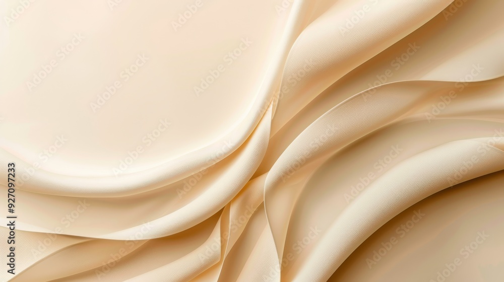 Poster A close-up shot of a light, beige fabric draped and folded in smooth waves. The fabric has a silky, smooth texture, and the folds create a sense of depth and movement. The image captures the subtle be