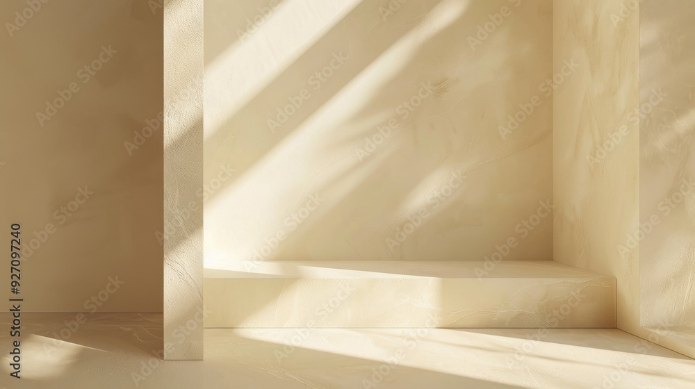 Poster Sunlight streams through a window, casting shadows on a white platform in a minimalist room. The platform is positioned in a corner, and the walls are painted in a soft, off-white color.