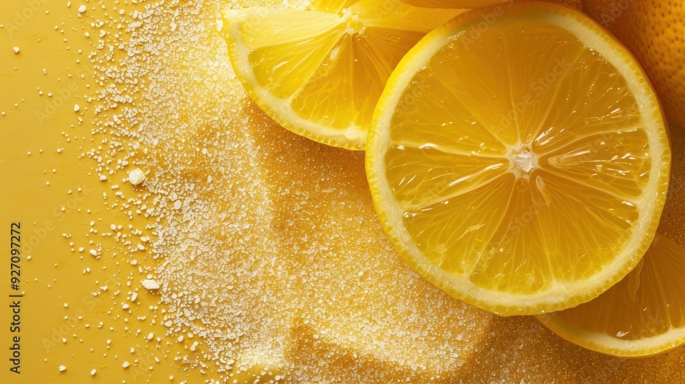 Poster three lemon slices lay on a yellow surface sprinkled with sugar crystals. the slices are arranged in