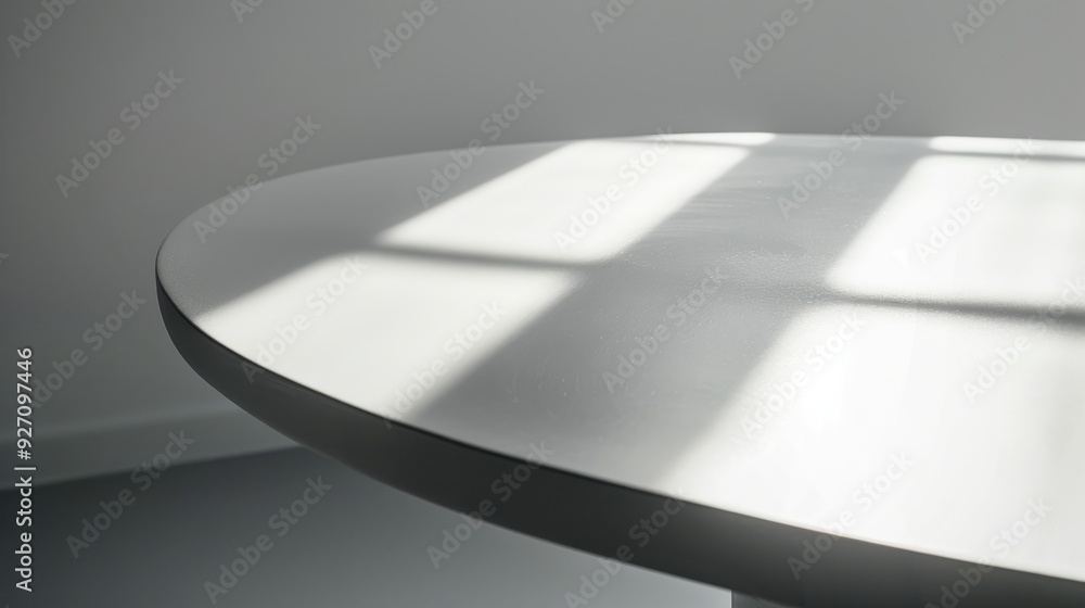 Poster sunlight streams through a window and casts rectangular shadows onto the smooth surface of a white o